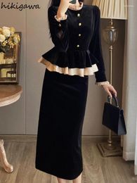 Work Dresses Temperament Skirt Outfits Vintage Two Piece Sets Women's O-neck Slim Fit Shirts High Waist Bodycon Long Skirts Suit Velvet Set