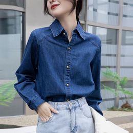 Women's Blouses Retro Women Denim Shirts Turn Down Collar Long Sleeved Solid Colour Jean Spring Autumn Blue Ladies Tops