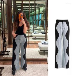 Women's Jeans Black And Blue Wave Denim Stitching Straight Wide-Leg Pants For Women 2024 Internet Celebrity Street Style Smart Trousers