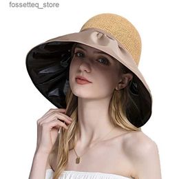 Wide Brim Hats Bucket Hats Summer Long Wide Brim Str Hat For Women Anti UV Sun Bucket Hats Fashion Bow Beach C Female Outdoor Travel Panama C L240402