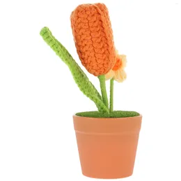 Decorative Flowers Tulip Flower Pot Woven Bonsai Decor Artificial Ornament Knitting Crafts Home Knitted Crochet Simulated