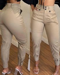 Calças femininas botão bolsos cor sólida lápis cintura alta cáqui calças casuais 2024 verão moda streetwear longo