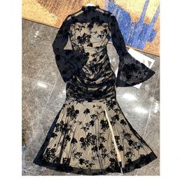 Sexy black flocked dress with flared sleeves for women. Spring fashion light mature sexy fishtail dress gift 240402