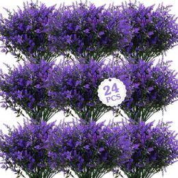 Decorative Flowers 24 Bundles Artificial Lavender False Outdoor UV Resistant Plastic Shrubs Greenery Bushe