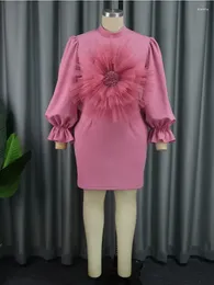 Casual Dresses Cocktail Party Wedding Clubwear Women's Pink Mini Dress Lantern Sleeve Bodycon Female Stretch Slim Gowns Half High Collar