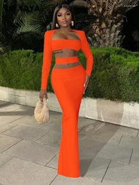 Work Dresses CM. Women Sexy Party Club Evening Bodycon Midi Maxi Long Cutout Waist Dress And Sleeve Crop Top Two 2 Piece Set Outfits