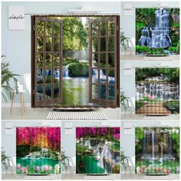 Shower Curtains Forest Landscape Waterfall Curtain Window Plant Trees Pink Lotus Swan Nature Scenery Fabric Bathroom Decor Hooks