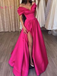 Slippers Fuchsia Satin Evening Dresses 2023 Long Floor Length Front Split Sweetheart A Line Off Shoulder Prom Gown Women Elegant Simple