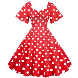 Party Dresses Retro 80s 90s Red Polka Dot Print Swing Dress Women's Elegant Ruched High Waist A-line Vintage Temperament