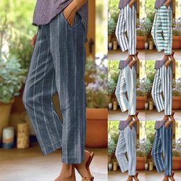 Women's Pants Casual Comfortable Striped Print Pocket Straight Tube Loose Ankle Stretch Yoga Trousers Female