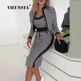 Work Dresses Fashion Houndstooth Print Long Sleeve Coats Tight Skirt Vest 3 Piece Set Women High Street Party Outfits Contrast Color Suit
