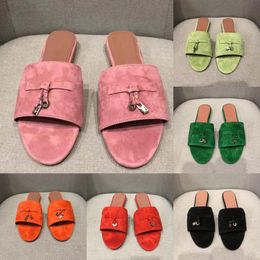 Loro P Ladies Slippers Sandals Slide Womens Summer Charms Walk Sandals Beach Slide Suede Leather Flip Flops Loafers Solid Colour With Lock 35-42