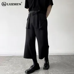 Men's Pants LUZHEN Splicing Pockets Belt Decorate Design Fashion Seven-point Original Trendy Street 2024 Spring Trousers LZ21340