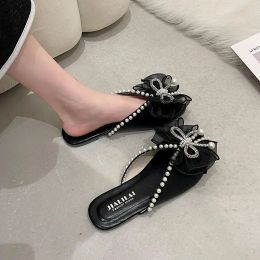 Sandals Female Sandal Retro Woman Shoes Clear Heels 2023 Summer Girls Original Low Closed Pearl Outside New Bow Sweet PU String Bead Rub