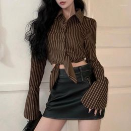 Women's T Shirts Polo Collar Hollow Lace-up Casual Long-sleeved Shirt Women 2024 Spring Streetwear Contrast Color Stripes Sexy Irregular