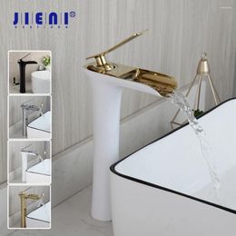Bathroom Sink Faucets JIENI Matte Black Waterfall Basin Faucet Golden Plated Counter Top Water Mixer Tap Chrome Brass Wash