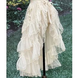 Double Layered Lolita Waist Curtain Sheer Cover Up High Low Skirt w. Asymmetrical Ruffles 240318