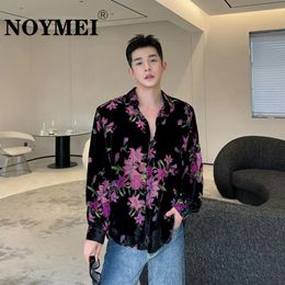 Men's Casual Shirts NOYMEI Contrast Color Fashionable 2024 Korean Style Top Flocking Long Sleeve Flower Pattern Niche Design Shirt Men