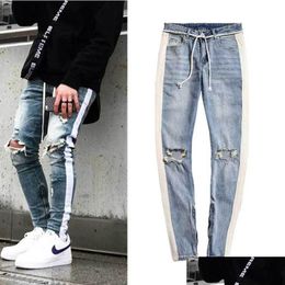 Mens Jeans Slim Fit Ripped Men Hole Side Zipper Denim Pants Fashion Washed Destroyed Designer Drop Delivery Apparel Clothing Dhz4A