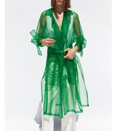 Women039s Trench Coats Chic Women Green Organza Coat 2021 Autumn Ladies Long Style Transparent Summer Sunscreen Outwear3869946