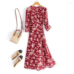 Casual Dresses Silk Dress Summer 2024 Women French Temperament V-neck Five-point Sleeve Printed Mulberry Break