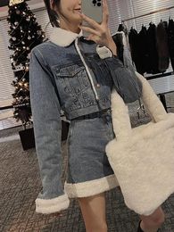 Xgoth Autumn Winter Denim Skirt Suits Denim Imitation Lamb Jeans Coat Women High Sense High Street Sweet Cool Two Piece Set 240326