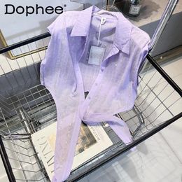 Women's Blouses Summer Purple Rhinestone Short Sleeveless Shirt Sweet Tie-Neck Pleated Retro Button Long Sleeve Top Camisas Mujer