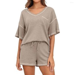 Home Clothing Women Top Shorts Set Knitted Waffle Texture Short Sleeves V Neck T-shirt Loose Drawstring Elastic Waist Pants Summer Pajamas