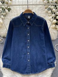 Women's Blouses Spring Autumn Women Denim Shirts Vintage Turn-down Collar Single Breasted Solid Color Jackets Fashion Leisure Blouse Tops