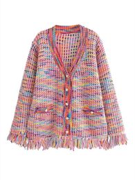Autumn Rainbow Colour Knitted Sweater Women Fashion Tassel Decoration Cardigan Vintage Single-Breasted Causal Tops 1987 240320