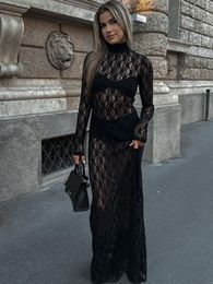 See Through Flower Lace Mesh Sexy Black Dresses for Women Long Sleeve Maxi Dress Fall 2024 Fashion Clothes