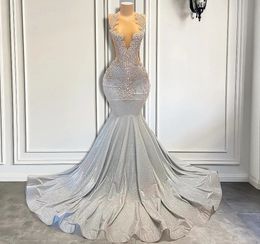 Luxury Long Silver Prom Birthday Dress 2024 for Black Girls Sparkly Diamond Beaded Mermaid Evening Formal Gala Gowns Robe De Soiree