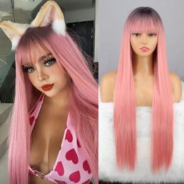 Wigs Pink Black Ombre Long Have Bangs Straight Hair Natural Heat Resistant Fibre Blond Brown Black Cosplay For Women Daily Wear Wigs