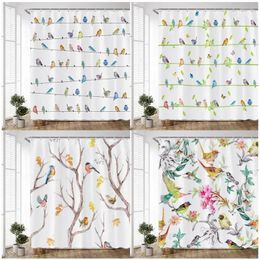 Shower Curtains Chinese Style Birds Animals Plant Leaves Asian Watercolor Print Bath Curtain Set Polyester Fabric Bathroom Decor