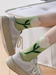 Women Socks Japanese Style Candy Color Flower Mid Tube Casual Girls Frilly Ruffle Cute Breathable Cotton Lolita Crew 1pair