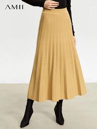 Skirts AMII Minimalist 2024 Wool Pleated For Women Winter Midi Slim Fit A-line Knitted Umbrella Solid Skirt Female 12354018
