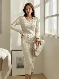 Casual Dresses Simple Solid Knitted Long Women Ladies Sweater V-Neck Skinny Slim Dress Mujer Vestidos Robe Femme Stretchy Clothes