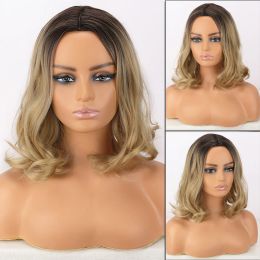 Wigs Short Wavy Bob Synthetic Wigs Brown To Blonde Ombre Hair Wigs For Women With Bangs Cosplay Lolita Natural Wig Heat Resistant