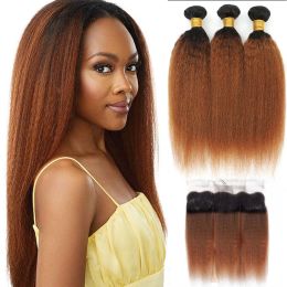 New 10A Dreamdiana Malaysian Kinky Straight Remy Ombre Yaki Hair Bundles With 13X4 Lace Frontal Closure Wigs