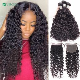 Closure 30 Inch Water Wave Human Hair Bundles With Closure 4X4 5X5 Transparent Lace Closure Frontal With Bundles Curly Brazilian Hair