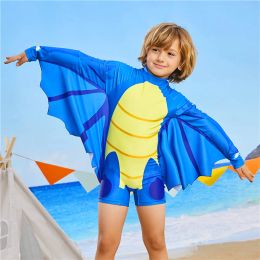 set Boys Swimwear Toddlers Swimsuit Bat Sleeve UV Sun Protect with Hat Kids One Piece Baby Children Bathing Suits Clothing Beachwear