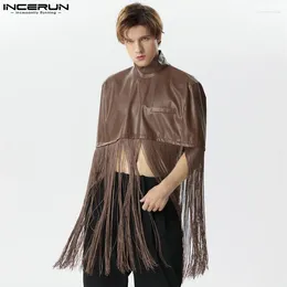 Men's Trench Coats Men Cloak PU Leather Tassel Patchwork Turtleneck Streetwear 2024 Fashion Casual Irregular Ponchos INCERUN