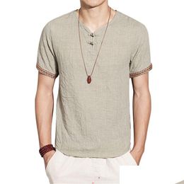 Mens Casual Shirts New Summer Cotton Linen Men Thin Brand Clothing Shirt Flax Slim Short Sleeve Plus Size L-5Xl Drop Delivery Apparel Dhgqi