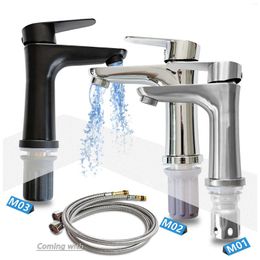 Bathroom Sink Faucets Deck Mount One Hole Lever Handle 304 Stainless Steel Spout Tap Faucet With & Cold Water Hoses