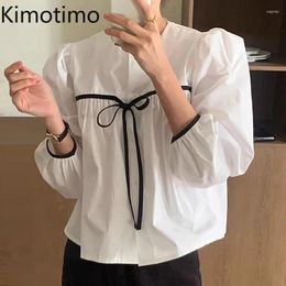 Women's Blouses Kimotimo Women Shirts Korean Chic O Neck Lace Up Bow Contrasted Loose Tops Spring Casual All Match Long Sleeved Blouse