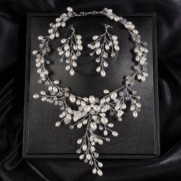 Boho luxurious Wedding Bride Handmade Rhinestones Pearls Necklace Earrings Jewelry Set Dangle Earrings Adjustable Set for Women