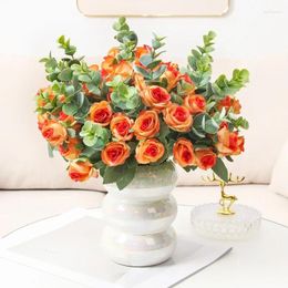 Decorative Flowers Artificial Cafe Decor Silk Roses Bouquet Simulation Flower Red Drunken Concubine Rose Eucalyptus Leaf Room Decoration