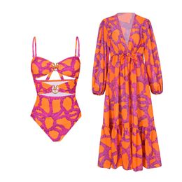 Sexy One Piece Swimsuit and Cover up Cut Out Swimwear Women Push Up Bathing Suits Beach Wear Summer Monokini 240402