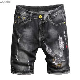 Men's Shorts Summer mens denim shorts with Chinese style embroidery classic black elastic slim fit casual shorts trend street clothing for menL2404