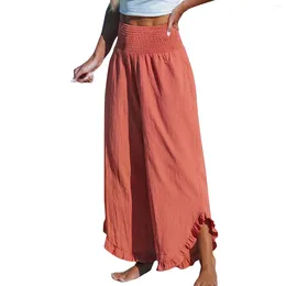 Women's Pants Cotton And Linen Causal Elastic High Waist Solid Color Cropped Summer Comfy Loose Wide Leg